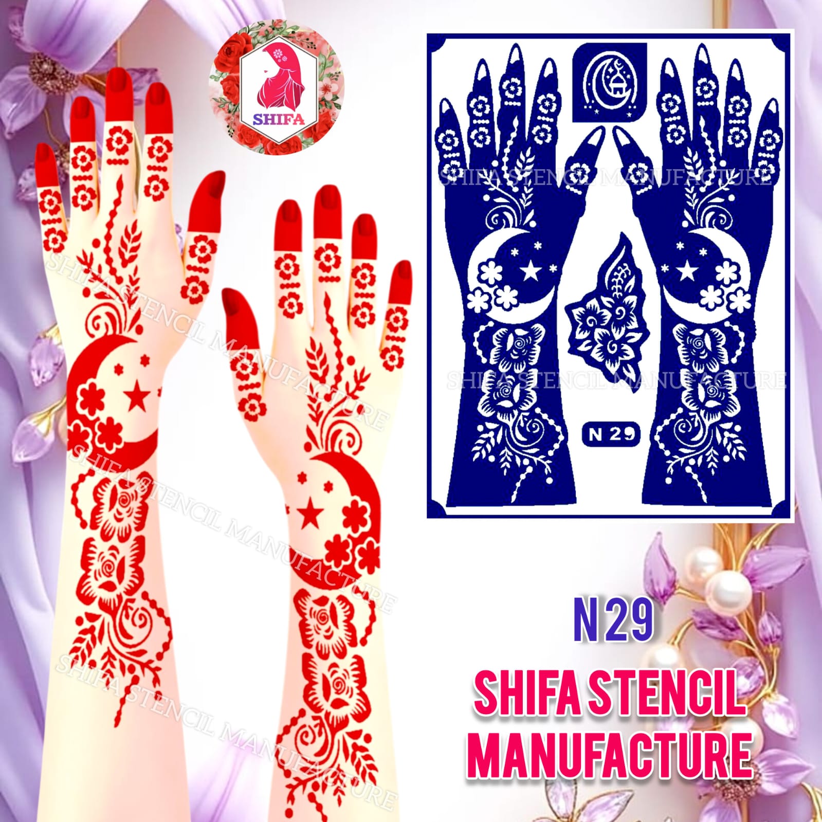 N 29 Moonlit Floral Harmony Sticker Overview Henna Stencil - Shifa Stencil